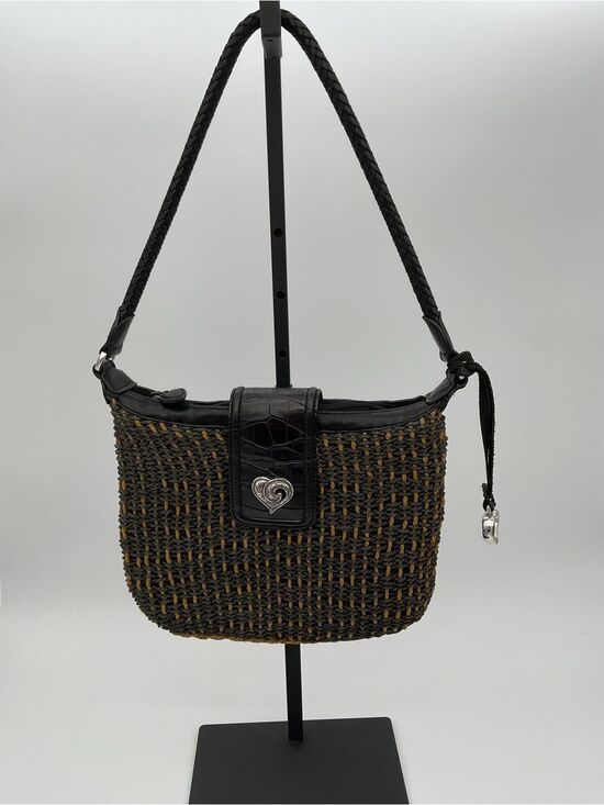 Brighton Handbags - Brighton Black & Brown Woven Shoulder Bag with Heart Clasp